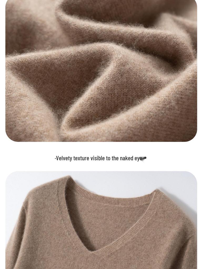 2025 Autumn/Winter Women's V-Neck Seamless Cashmere Sweater: Versatile Knitted One-Piece Pullover Base Layer