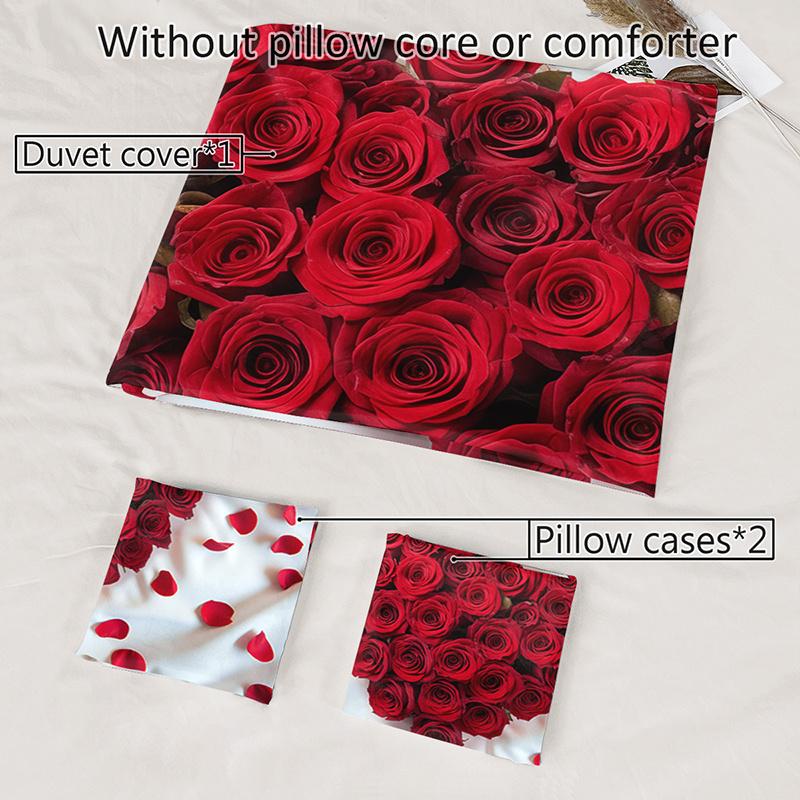 3Pcs Romantic Red Roses Heart Bedding Duvet Cover Set Valentine'S Day Bedding Quilt Set Floral Themed Bed Quilt Set Love