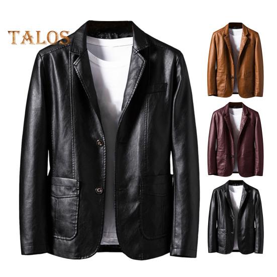 Men Jacket Lapel Long Sleeve Single Breasted Faux Leather Coat with Pockets Loose Fit Solid Color Outwear