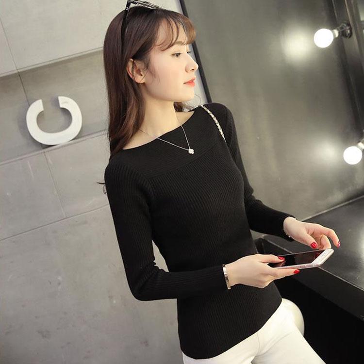 Sweater Women Long Sleeve Slim Black Pullover Knitwear Casual Slash Neck Solid Color Jumper Korean Fashion Autumn Winter