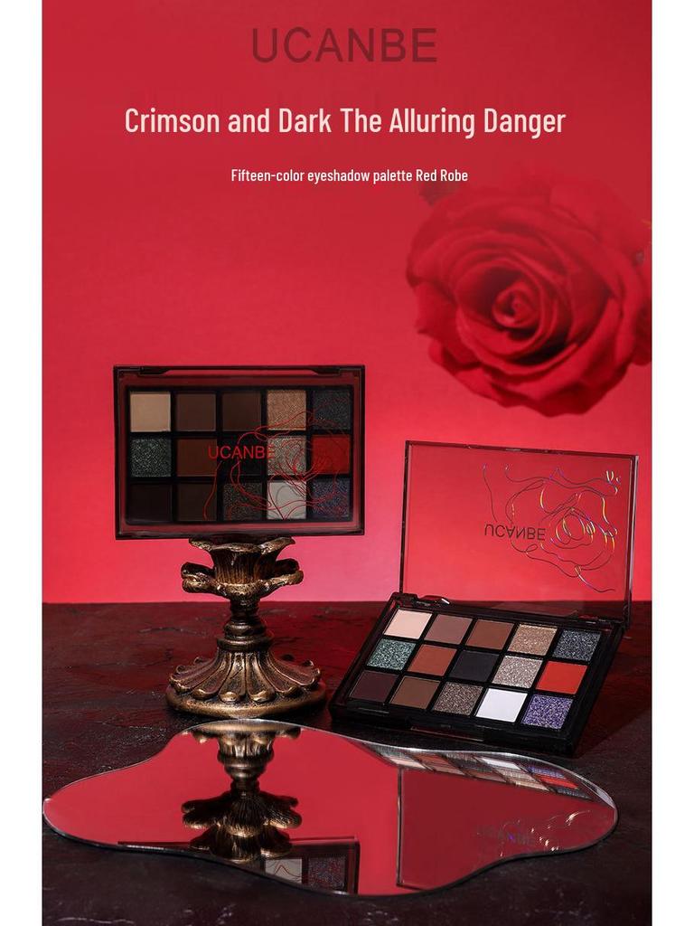 UCANBE Red Robe 15-Color Eyeshadow Palette: Shimmer & Matte Shades for Advanced Play, Black & Red Party Makeup.