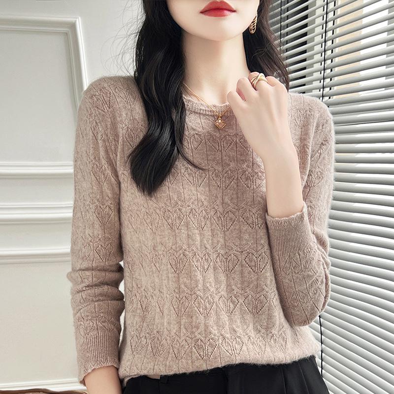 2024 Autumn/Winter Knit Wool Round Neck Hollow Out Slimming Loose Sweater