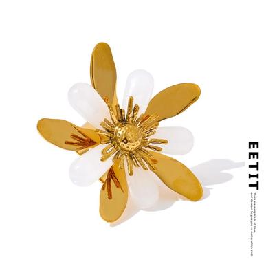 Stainless Steel Resin Flower Ring Big Open Rust Proof Metal Golden PVD Plated Attractive Finger Fashion Jewelry Gift
