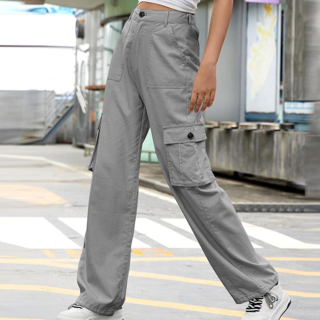 Women's Casual Street Style Multi-pocket Straight High Waist Slim Wide Leg Work Trousers