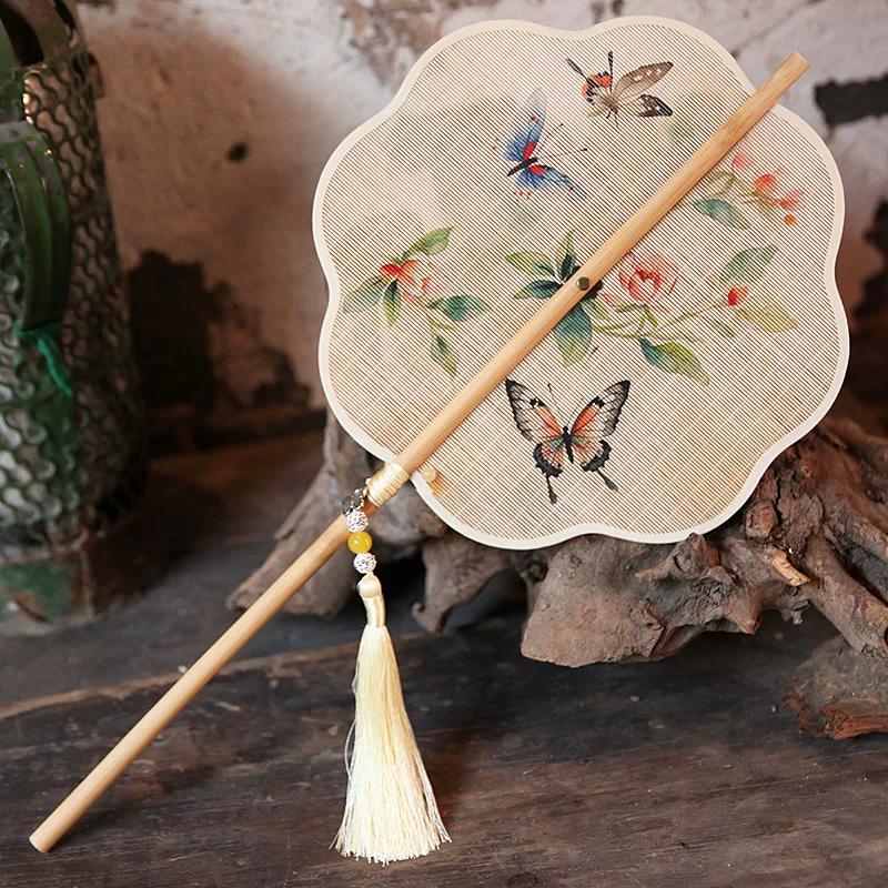 Dunhuang Retro Fine Bamboo Fan, Round Fan with Tassels and Long Handle, Can Be Curled Into a Palace Fan for Dancing and Photography