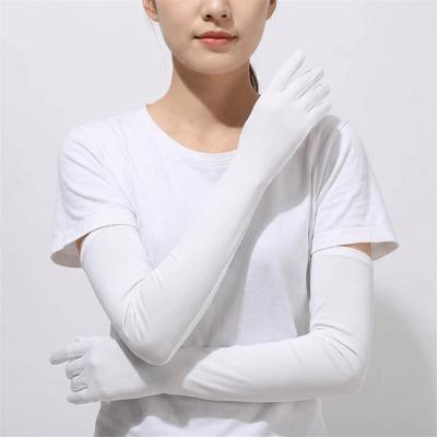 Mangas de seda helada de color liso antideslizantes para brazos, guantes de verano para mujer, manga larga para exteriores.