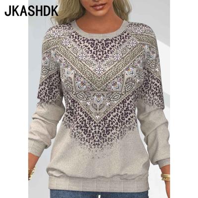 Pulls à manches longues et col rond pour femme, imprimés, décontractés, printemps-automne