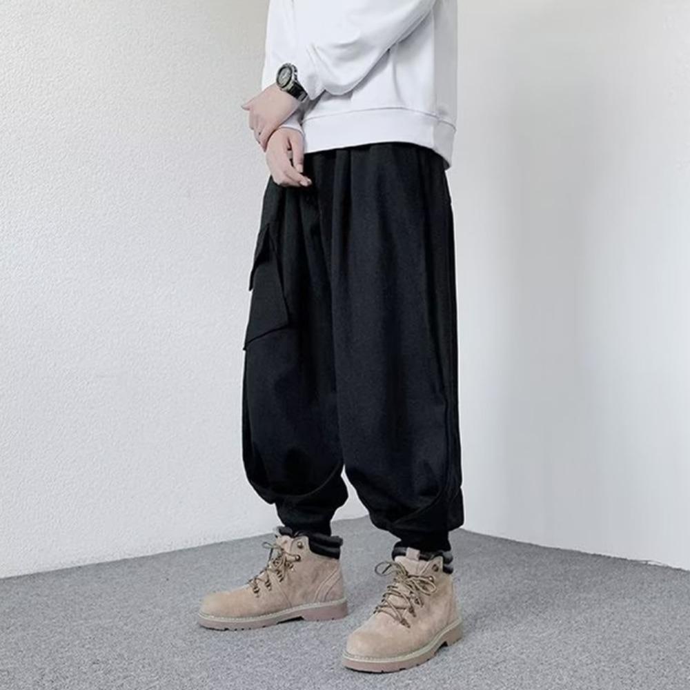 

Японские уличные мужские однотонные брюки-джоггеры с карманами и шнурком, повседневные прямые брюки в стиле хип-хоп, широкие брюки-карго в стиле ретро L чёрный