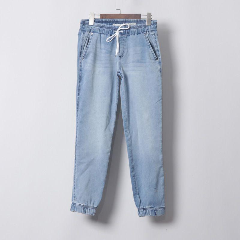 

Светло-голубые эластичные брюки до щиколотки со шнуровкой для женщин, мешковатые джинсы, женские летние тонкие со средней посадкой Light blue Marking Code 14 approx. 32