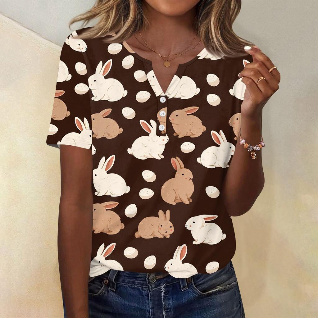 Women's T Shirt Print Button Short Sleeve Daily Weekend Fashion Basic V- Neck Regular Top