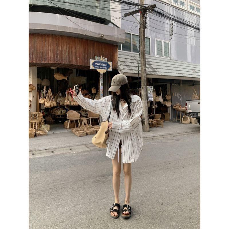 Kumikumi Idle Style Retro Vertical Stripes Loose Long Sleeves Shirt Women's Autumn Beautiful Temperament Wild Outerwear Top