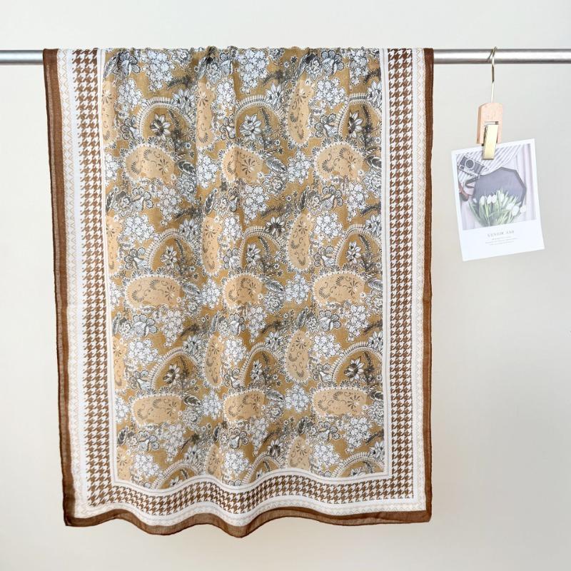 Retro Niche Daily Outer Long Towel Women's Atmosphere Floral Printing Temperament Cotton and Linen Scarf