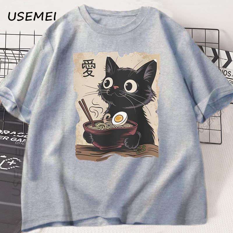 Funny Cat Ramen T-shirt Graphic Tee Japanese Kawaii Anime Cat Graphic T Shirts Men Women Casual Short Sleeve Cotton Tee Shirt