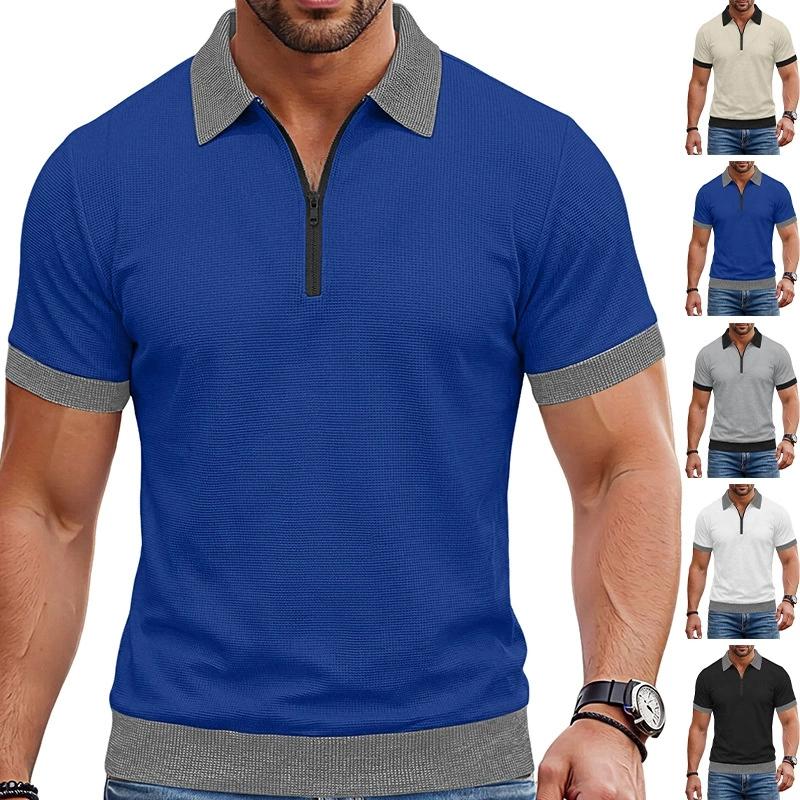 Summer Men's Short Sleeve Zipper Polo Shirts Color Block Casual T-Shirt for Men Lightweight Shirts Laple Wicking Streetwear Tee