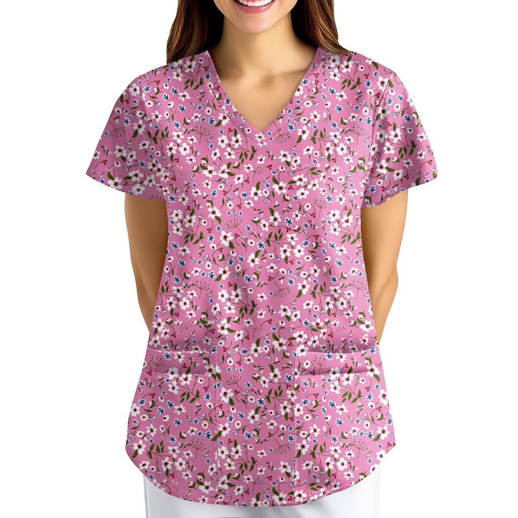 Nadměrná velikost Potištěný pracovní oděv Halenky pro dámský překřížený výstřih do V Potisk Krátký rukáv Zábavná trička Pracovní oděv Tričko s kapsami