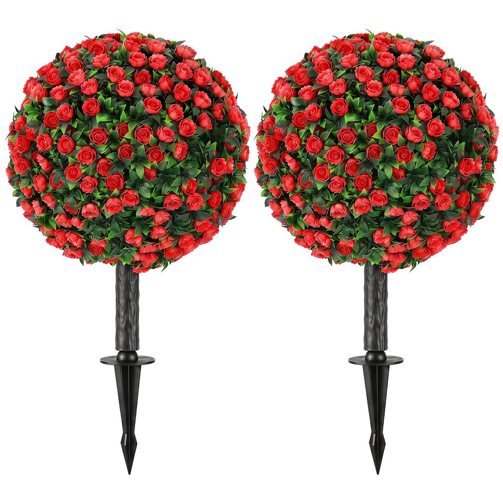 Artificial Rose Topiary Uv Resistant 2 Pack Fake Plants 55 Cm Red