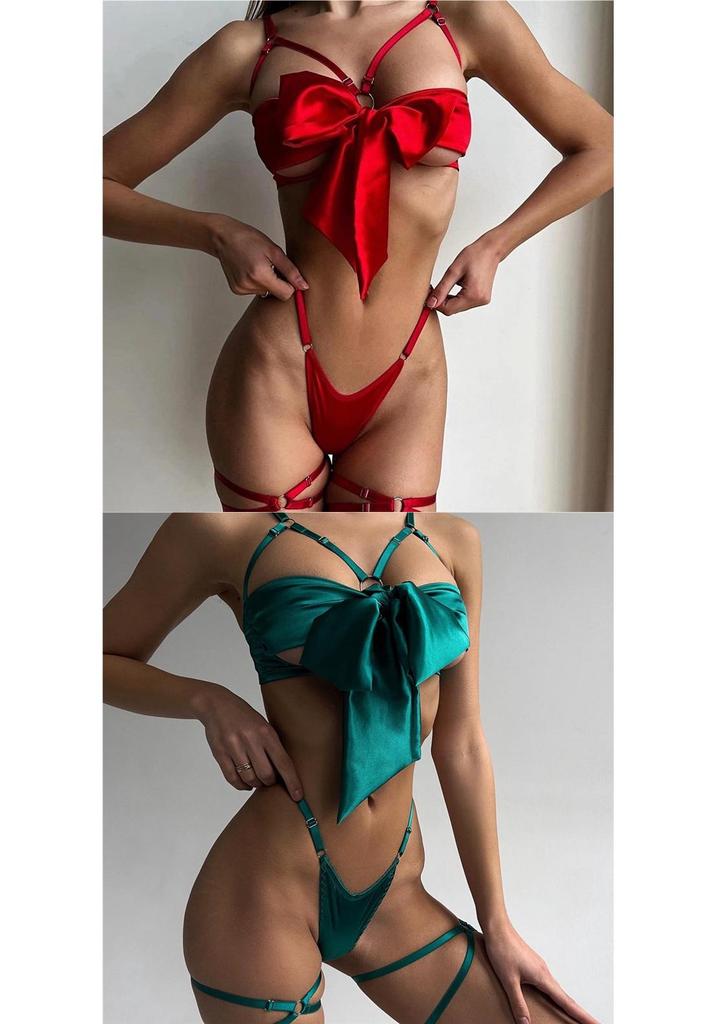 Elegant European & American Bow Hollow-Out Lingerie 3-Piece Underwire Set