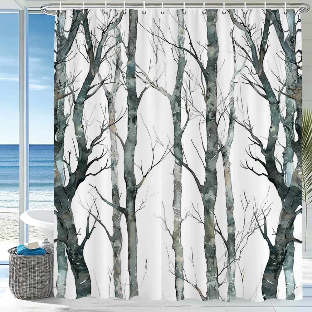 Modern Tree Shower Curtain, Forest and Tree Leaves Bathroom Decorative Shower Curtain, Waterproof Shower Curtain with Hooks