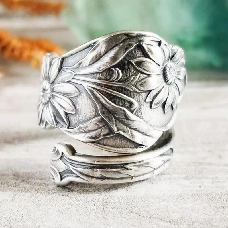 Boho Engraved Flower Flora Women Rings Ancient Vintage Finger Accessory For Party Daily Wear Personality Rings Female Jewelry