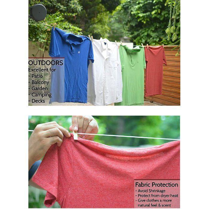 Corde à linge extensible - AIMOONSA - Corde à Linge Extensible 15M - Rétractable 15 m - Fixation murale - Charge 13,6 kg