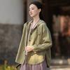 Johnature Women Vintage Shirts Tops Hooded Spring Chinese Style Solid Color Blouses Button Shirts