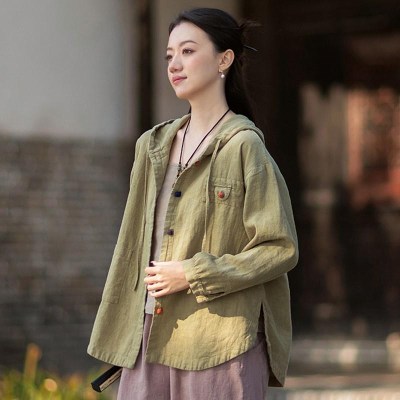 Johnature Women Vintage Shirts Tops Hooded Spring Chinese Style Solid Color Blouses Button Shirts