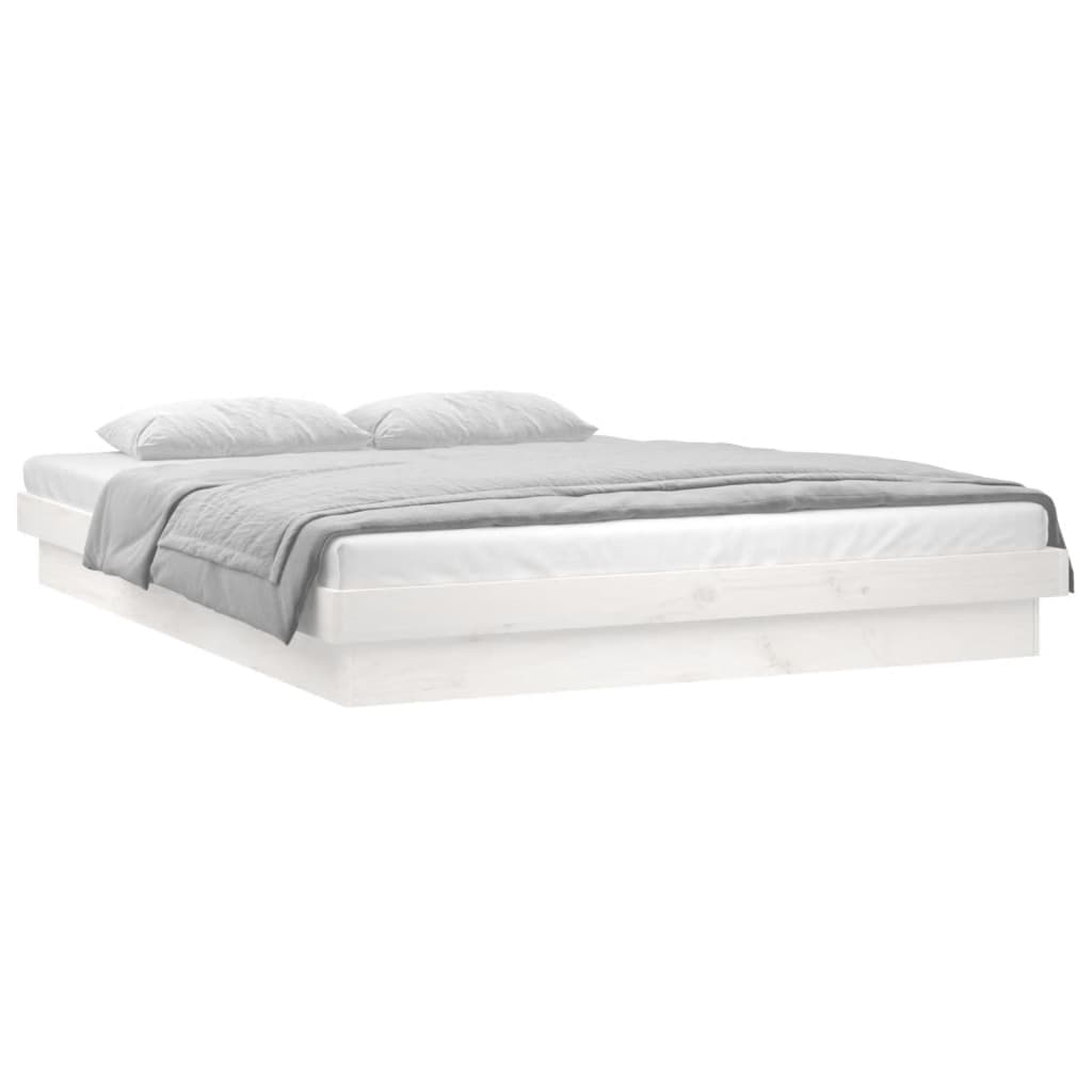 Vidaxl Bed Frame With LED, White, 135X190 Cm, Double, Solid Wood