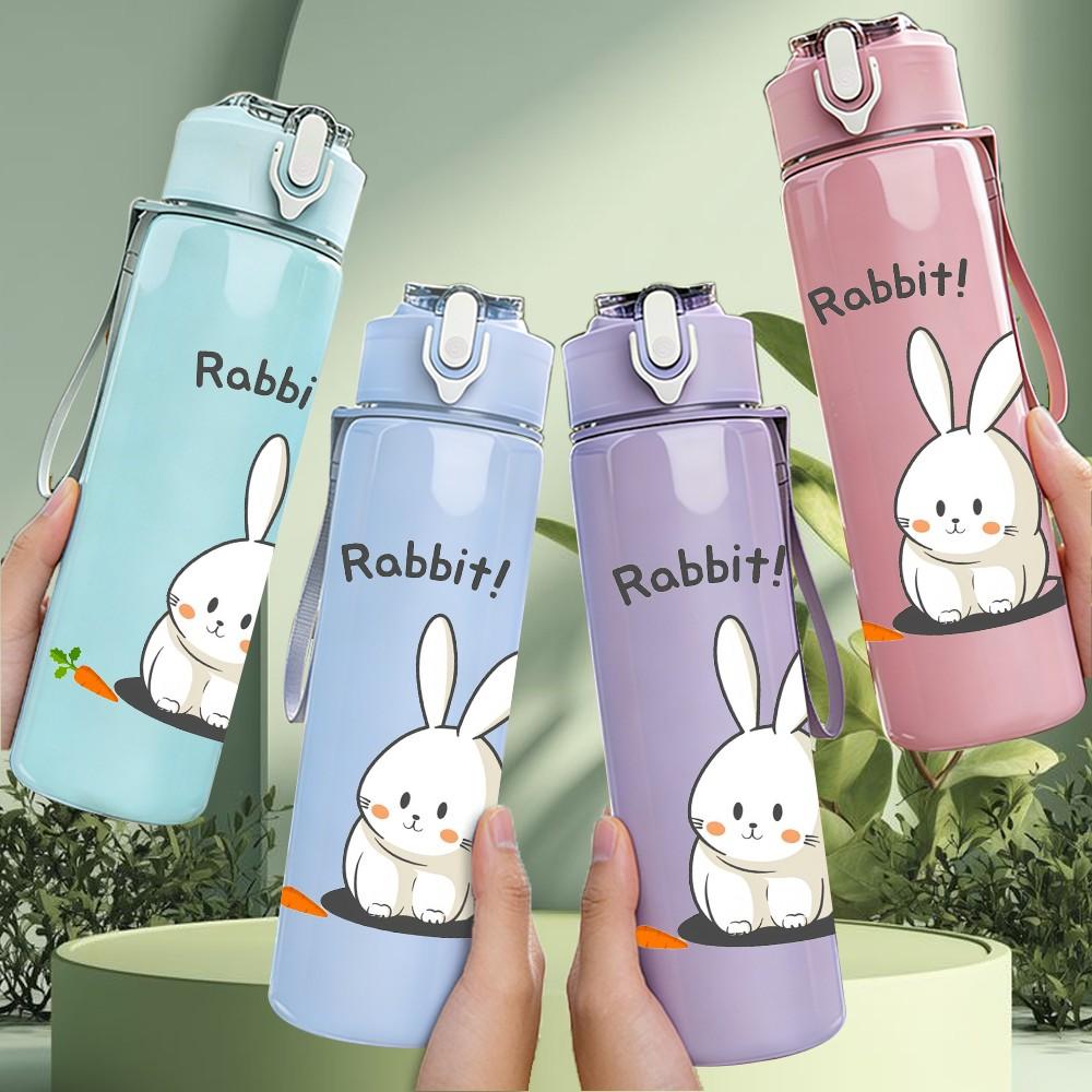 1PC White Little Rabbit Cute Print 750ml Color Plastic Sports Water Bottle Leakproof Flip Straw Lid Suitable for Sports Office Home Use
