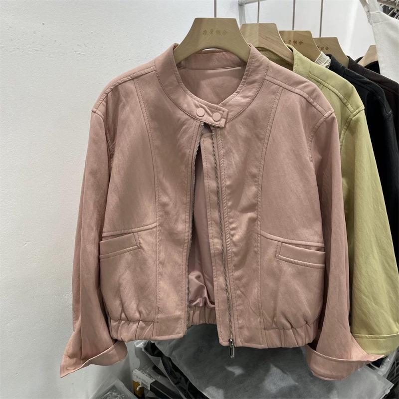 Leather jacket women's spring clothing new stand-up collar loose casual and thin black locomotive washed leather jacket trendy