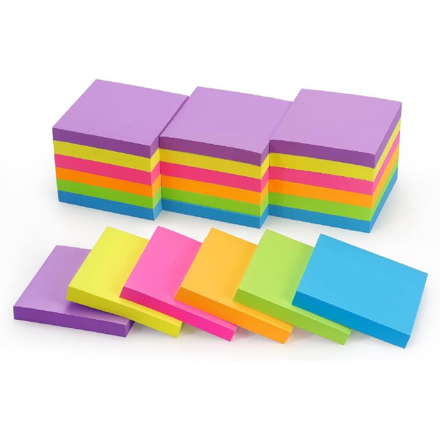 Winner Aura 3x3 Inch Bright Colors Self-Stick Sticky Notes, 6 Pack, 100 Sheets per Pad, Total 600 Sheets