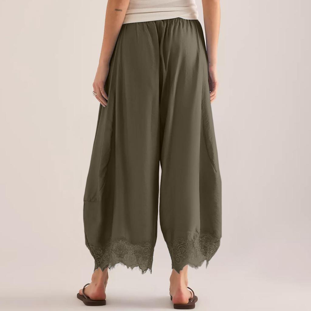 Women's Casual Wide Leg Pants Elastic Waistband Drawstring Bottom Hem Lace Trim Palazzo Trousers for Everyday Wear