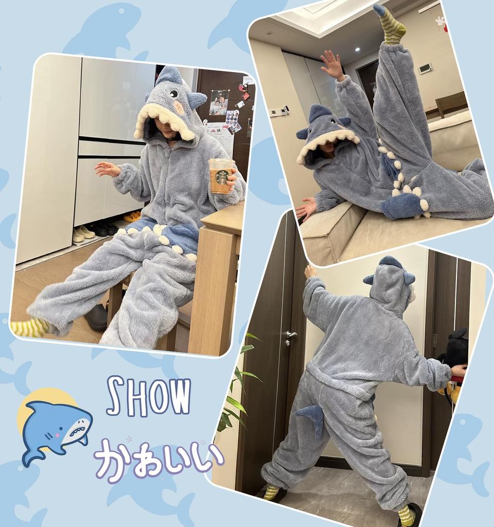 Lilikakoi Shark Flannel Cute Animal Long Fluffy with Bear and Loose and Fun Loungewear for and Blue Women's Pajamas, Design, Sleeves, Hooded, Ears,