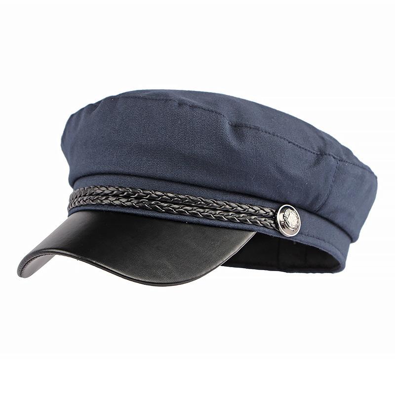 Women's PU Leather Visor Military Cap Sailor Hat Flat Top Marine Cap Preppy Style Retro Baker Boy Cap Braided Rope Casual