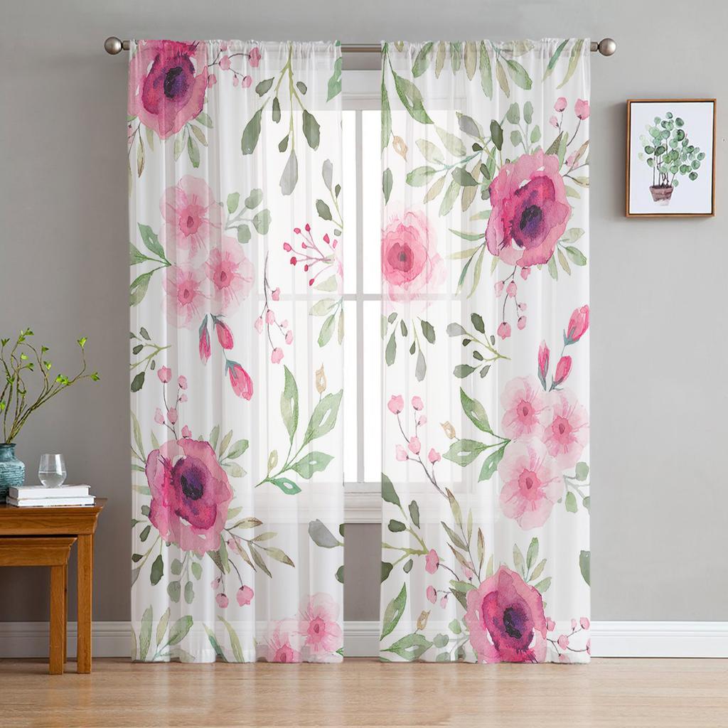 Blue Rose Flower Butterfly Glassy Gauze Curtains For Children's Bedroom Kitchen For Living Room Holiday Decor Voile Curtain