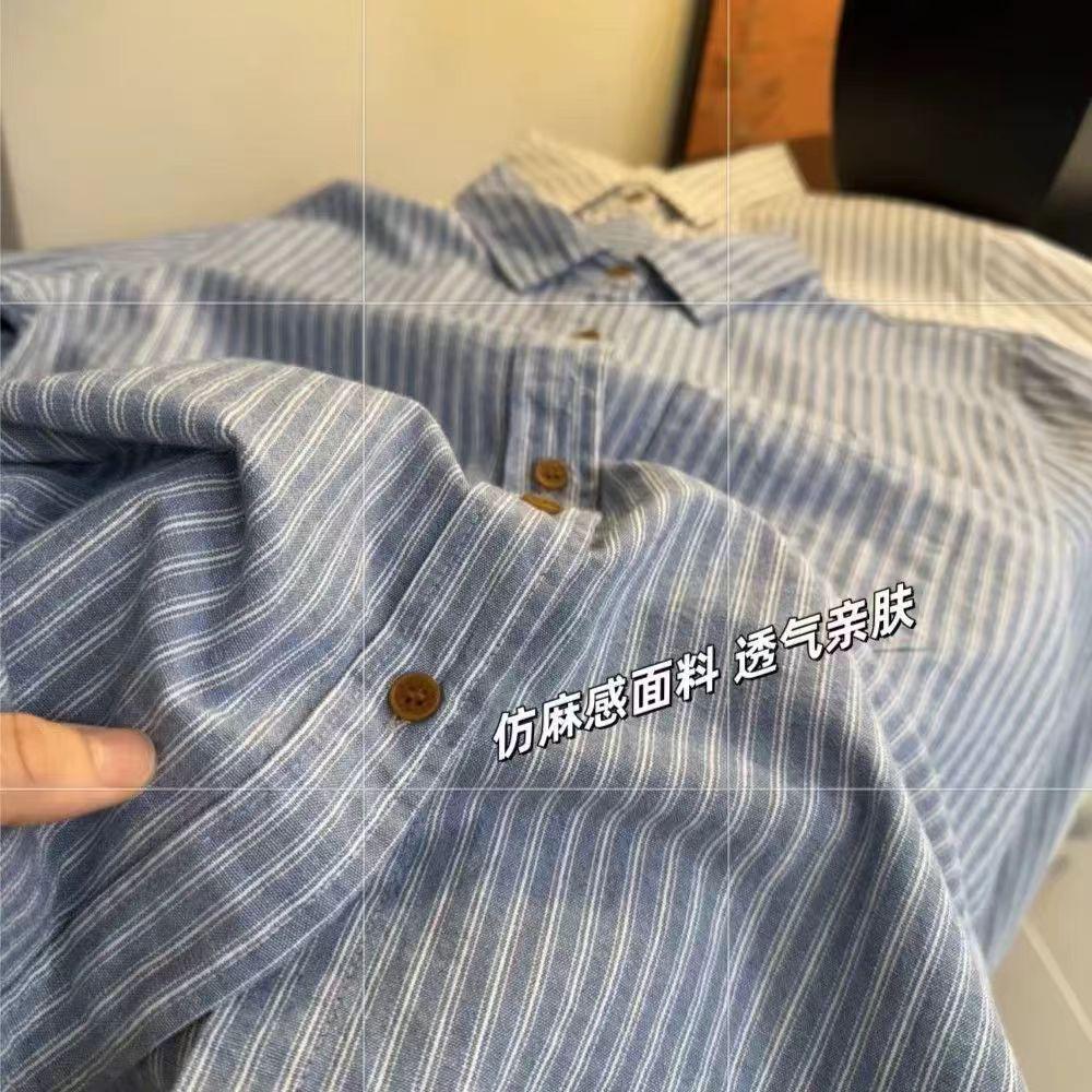 Women's Casual Striped Polo Collar Cotton Linen Shirt - Long Sleeve, Loose Fit, Plus Size, Slimming.