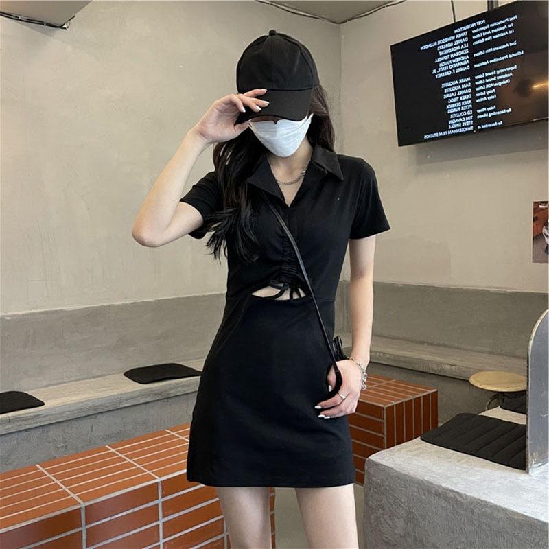 Summer new polo collar black dress women's design sense drawstring waist thin temperament short-sleeved skirt