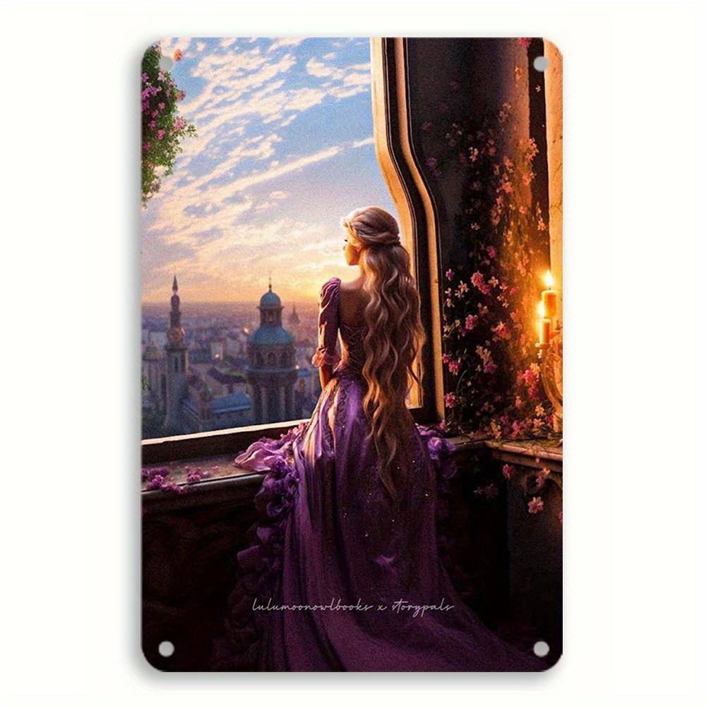 

1pc Enchanted Princess Metal Tin Sign 8x12 Inch - Vintage Wall Art with Long-Haired Princess in Purple Dress, Castle & Floral De 20x30cm（7.8x11.8inch）