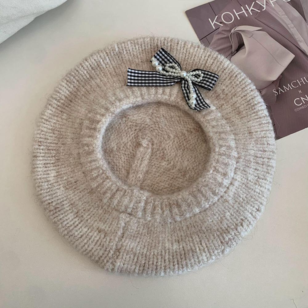 Solid Color Beanie Cap Pearl Plaid Artist Painter Cap Knitted Beret Hat  Autumn and Winter Warmth
