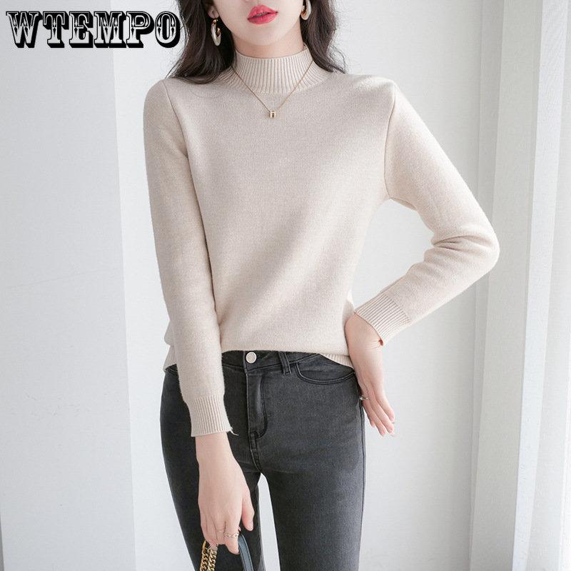 Women Winter Plus Velvet Warm Sweaters Solid Casual Fleece Lined Jumpers Korean Half High Collar Slim Thick Knitted Pullovers