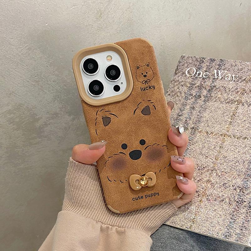 Cute West Highlands Suitable for Apple 16 Promax Mobile Phone Case Iphone15 Protective Case 14 Brown Leather Pattern 13