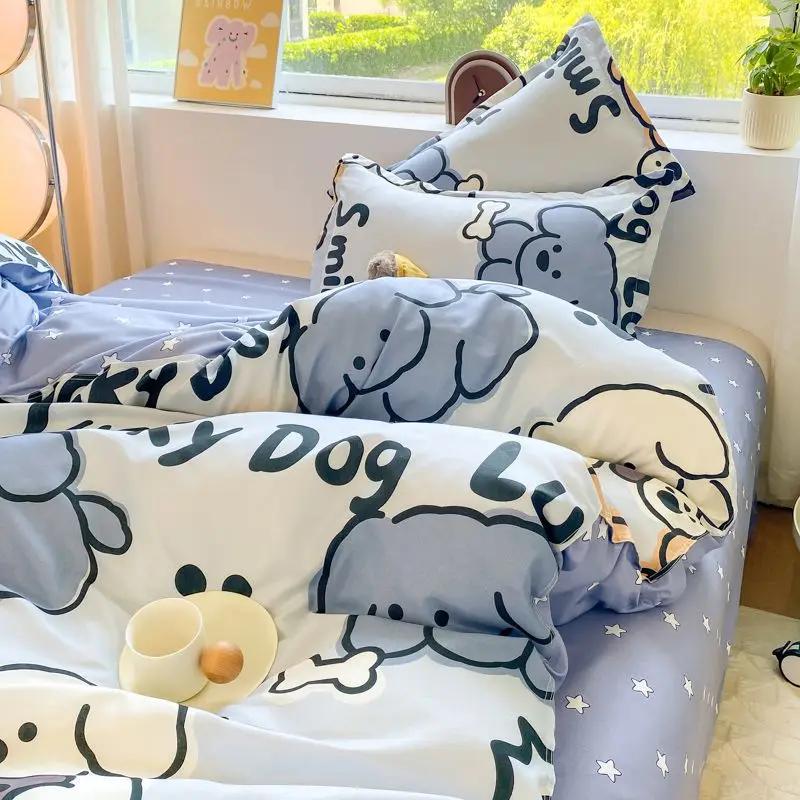 Girls Boys New Bed Linen Lucky Dog Bedding Set Cute Cartoon No Filler Twin Full Size Duvet Cover Flat Sheet Pillowcase Fashion