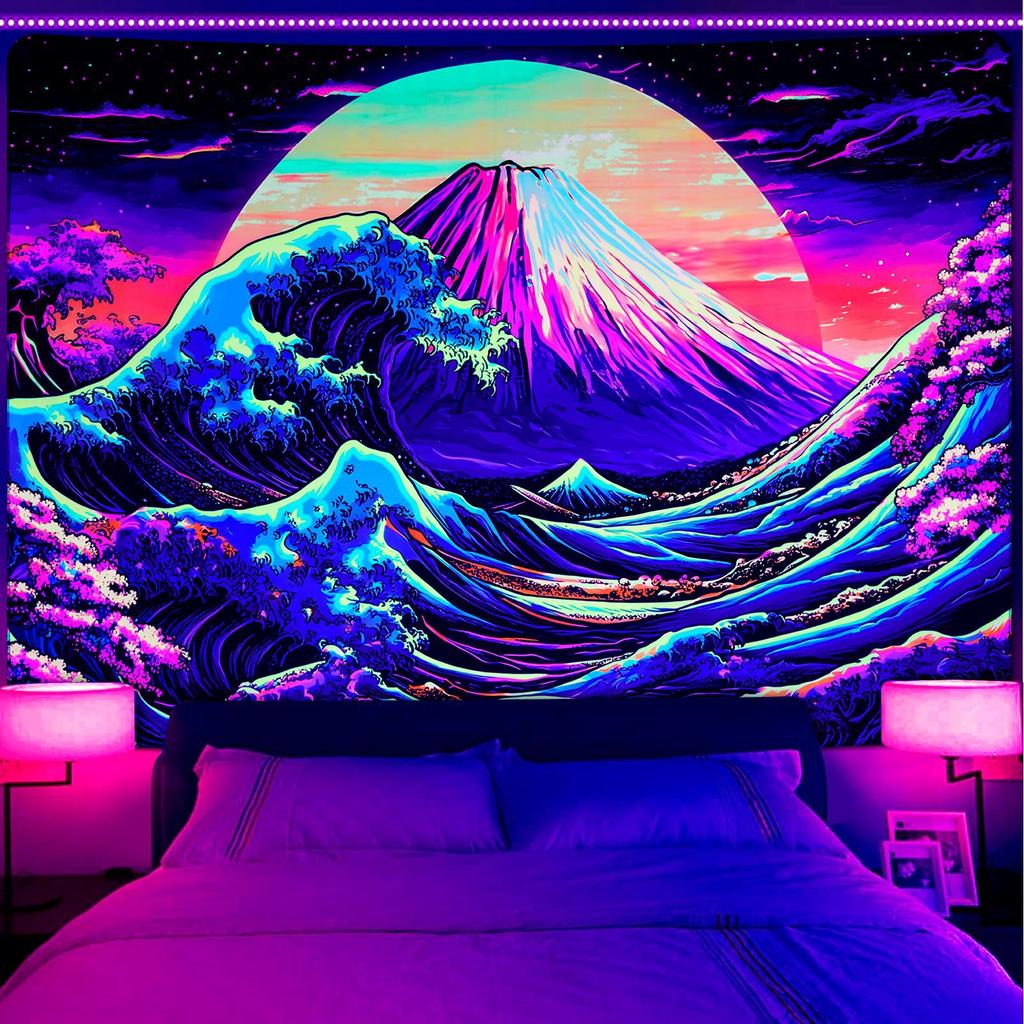 Japanese Wave and Mount Fuji Wall Tapestry Red Sun and Traditional Temple Design Boho Home Decor Art Print Room Decoration