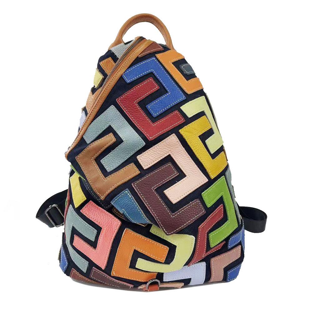 Rucksack Leder Damen Farbige Rindsleder Spleißung Rucksack Retro Lässig Damen Tasche
