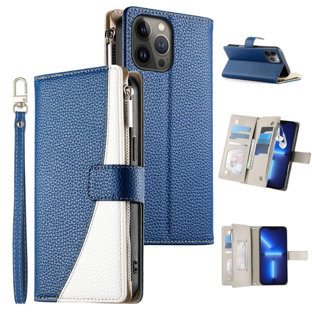 For iPhone 13 Pro Max Case Zipper Pocket Wallet Color Splicing Leather Flip Phone Cover with Straps