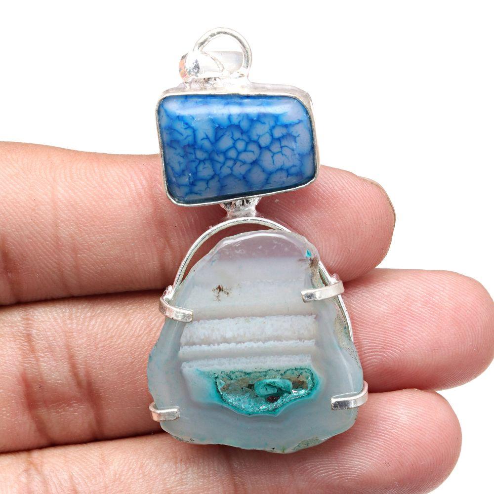 Pendant Blue Sunshine Drusy Gemstone Handmade Silver Jewelry 2.5"