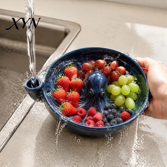 Dekorativer Obstaufbewahrungskorb Oktopus-förmige Beeren-Waschschale mit Abflusslöchern, Retro-Stil Keramik-Sieb, Gemüse für Beeren