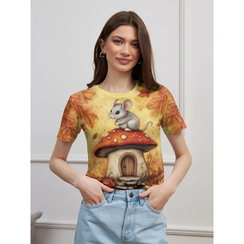Women's Short-sleeved Round-neck T-shirt with Fox Pattern Print
