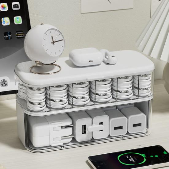Stackable Cable Organizer Storage Box Double-Layer Plastic Storage Case with Lid Wire Management Box with Drawer for Cords Chargers Jewelry Hair Ties
