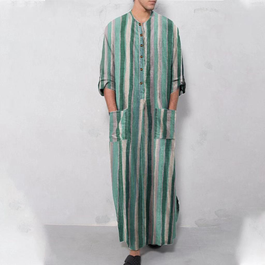 Striped Gradient Stand Collar Robe - Men's Long Sleeve Southeast Asia/Middle East Style