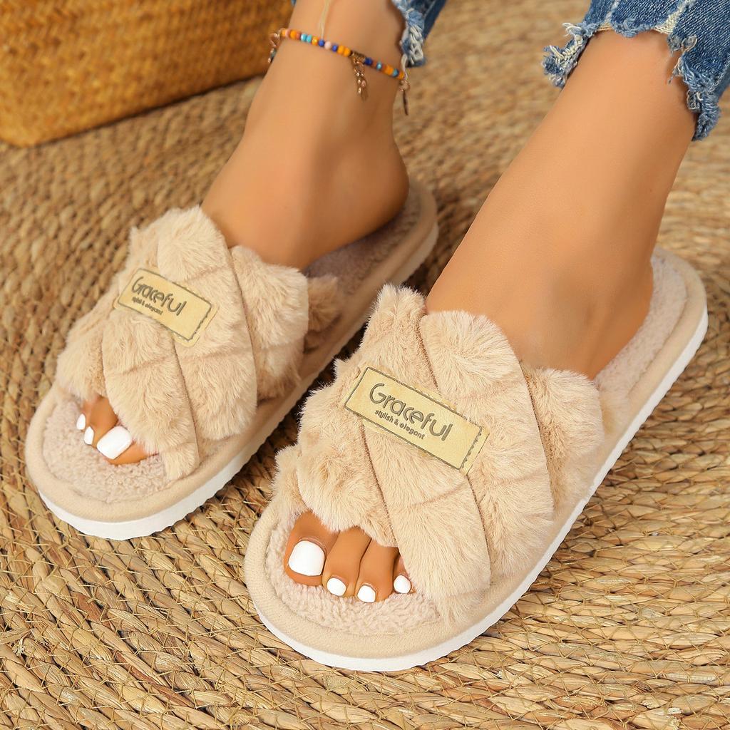 Fashion Litfun Fluffy Women's Slippers Concise Flat Home Slides Open Toe Fuzzy Cotton Slides Plush Lining Warm Cozy Slippers For Women